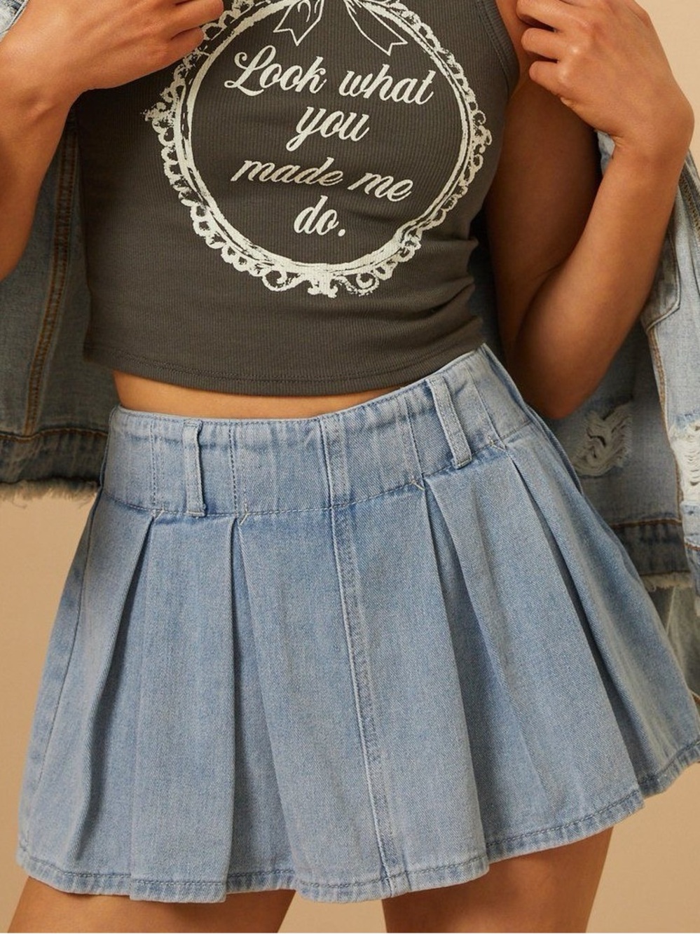 Altar'd State Light Blue Denim Pleated Mini Skirt